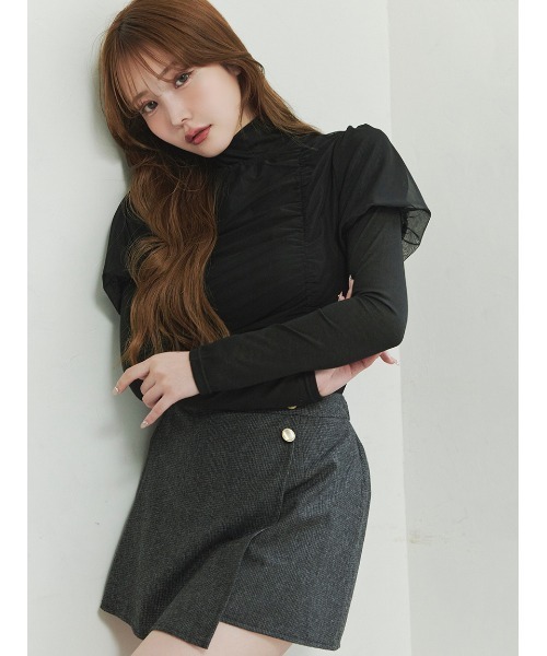 Stylevoice for xxx（スタイルヴォイスフォー）の「＜木村りかこさんコラボ＞シアーギャザーパフトップス＆ハイネックカットソーセット（Tシャツ/カットソー・レディース・ベージュ/ブラック/ホワイト・F）」の5枚目の写真