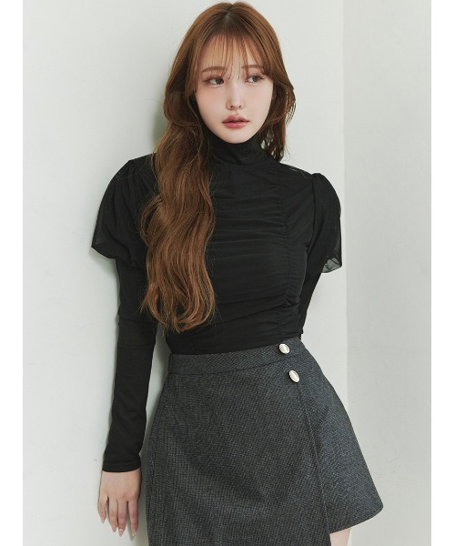 Stylevoice for xxx（スタイルヴォイスフォー）の「＜木村りかこさんコラボ＞シアーギャザーパフトップス＆ハイネックカットソーセット（Tシャツ/カットソー・レディース・ベージュ/ブラック/ホワイト・F）」の6枚目の写真