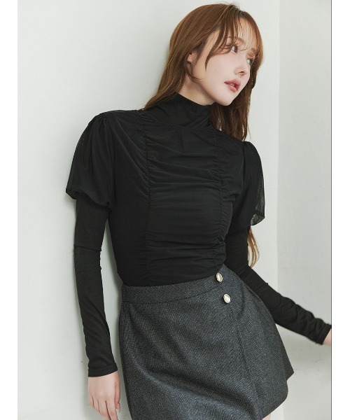 Stylevoice for xxx（スタイルヴォイスフォー）の「＜木村りかこさんコラボ＞シアーギャザーパフトップス＆ハイネックカットソーセット（Tシャツ/カットソー・レディース・ベージュ/ブラック/ホワイト・F）」の8枚目の写真