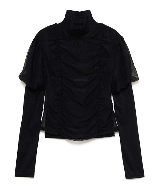 Stylevoice for xxx（スタイルヴォイスフォー）の「＜木村りかこさんコラボ＞シアーギャザーパフトップス＆ハイネックカットソーセット（Tシャツ/カットソー・レディース・ベージュ/ブラック/ホワイト・F）」の12枚目の写真