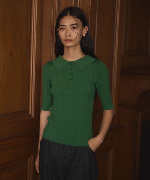 CRAFT STANDARD BOUTIQUE（クラフトスタンダードブティック）の「半袖2WAYリブニットポロシャツ（ニット/セーター・レディース・グレー/ベージュ/ブラウン/グリーン・FREE）」の6枚目の写真