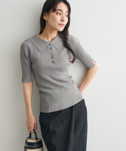 CRAFT STANDARD BOUTIQUE（クラフトスタンダードブティック）の「半袖2WAYリブニットポロシャツ（ニット/セーター・レディース・グレー/ベージュ/ブラウン/グリーン・FREE）」の2枚目の写真