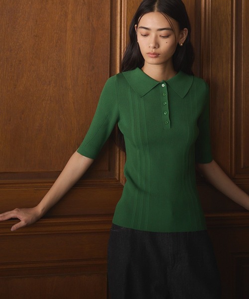 CRAFT STANDARD BOUTIQUE（クラフトスタンダードブティック）の「半袖2WAYリブニットポロシャツ（ニット/セーター・レディース・グレー/ベージュ/ブラウン/グリーン・FREE）」の4枚目の写真