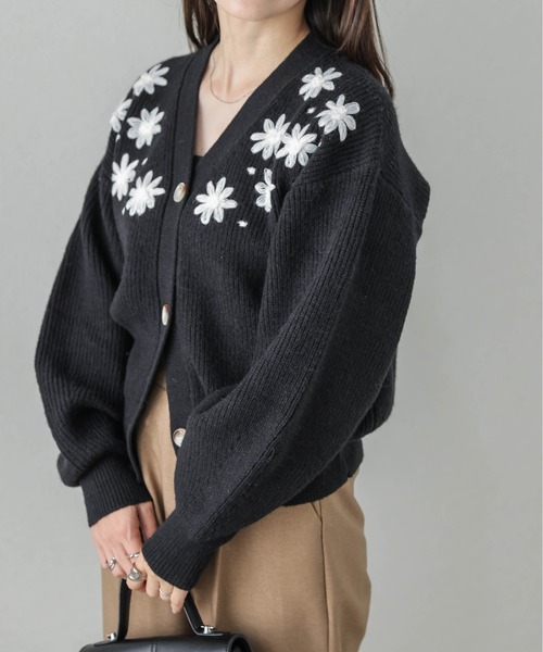 Rene フラワー刺繍カーディガン　パール　ブラック 36 セール】フラワー刺繍リブニットカーディガン（カーディガン/ボレロ