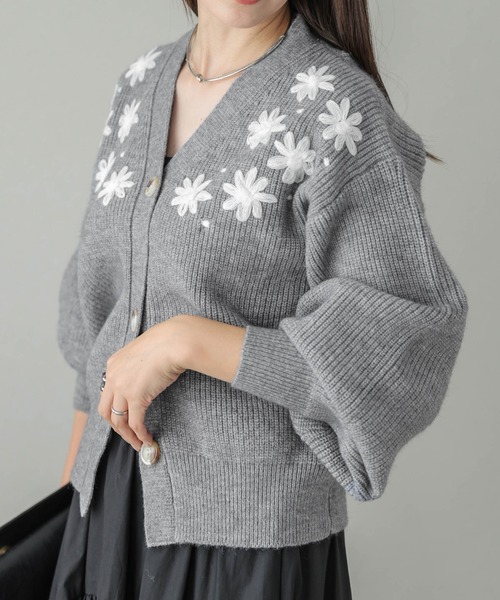 セール】フラワー刺繍リブニットカーディガン（カーディガン/ボレロ