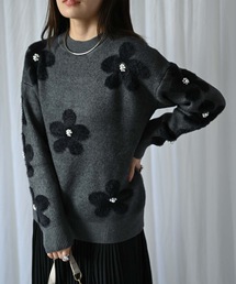 パール付き花柄シャギーニット