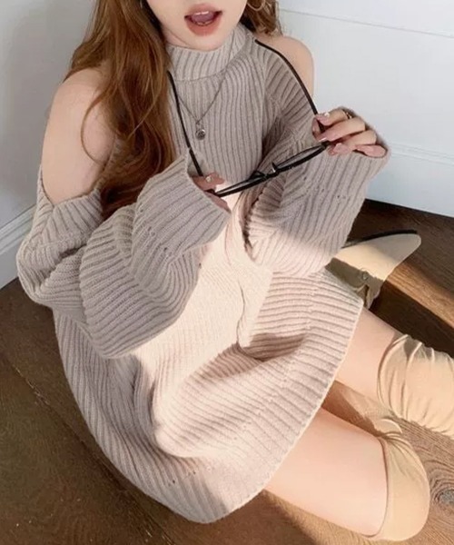 Miniministore(ミニミニストア)の「オープンショルダーニットワンピースミニ丈(ワンピース・レディース・グレイッシュベージュ/ブラック/ライトグレー・FREE)」の16枚目の写真
