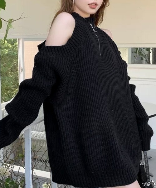 Miniministore(ミニミニストア)の「オープンショルダーニットワンピースミニ丈(ワンピース・レディース・グレイッシュベージュ/ブラック/ライトグレー・FREE)」の5枚目の写真