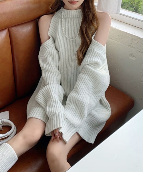 Miniministore(ミニミニストア)の「オープンショルダーニットワンピースミニ丈(ワンピース・レディース・グレイッシュベージュ/ブラック/ライトグレー・FREE)」の19枚目の写真
