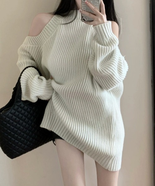 Miniministore(ミニミニストア)の「オープンショルダーニットワンピースミニ丈(ワンピース・レディース・グレイッシュベージュ/ブラック/ライトグレー・FREE)」の21枚目の写真