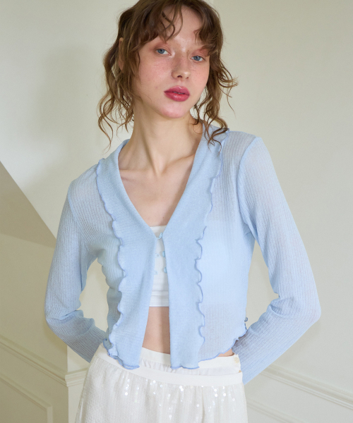 SALON DE YOHN(サロンドヨーン)の「Ruffle Crop Sheer Cardigan_ Blue(カーディガン/ボレロ・レディース・その他・MEDIUM/SMALL)」の1枚目の写真