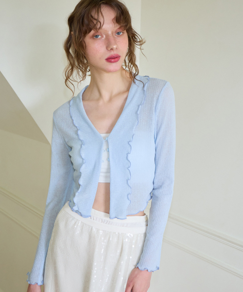 SALON DE YOHN(サロンドヨーン)の「Ruffle Crop Sheer Cardigan_ Blue(カーディガン/ボレロ・レディース・その他・MEDIUM/SMALL)」の2枚目の写真