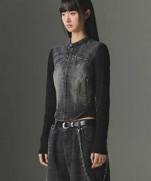 W Incision Knit Sleeve Denim Jacket - Black
