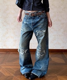 ルーズストレートダメージ加工デニムパンツ