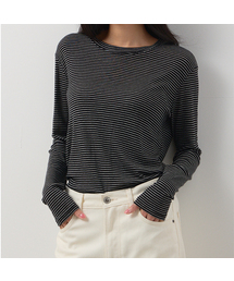 TOGE（トジ）の「Striped Wool Tencel Top (Black)（Tシャツ/カットソー）」