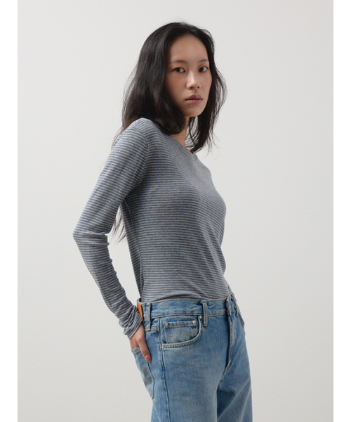 TOGE(トジ)の「ストライプウールテンセルトップス(ブラック)(Tシャツ/カットソー・レディース・ブラック/グレー・FREE)」の4枚目の写真