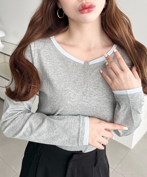 moment+（モーメントプラス）の「配色レイヤードライクヘンリーネックシアーロンT（Tシャツ/カットソー・レディース・ブラック/ネイビー/ピンク/イエロー/ブルー/アイボリー/杢グレー・M/L）」の4枚目の写真
