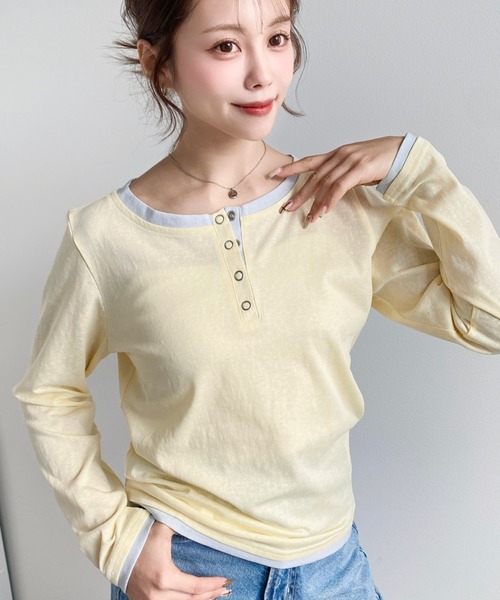 moment+（モーメントプラス）の「配色レイヤードライクヘンリーネックシアーロンT（Tシャツ/カットソー・レディース・ブラック/ネイビー/ピンク/イエロー/ブルー/アイボリー/杢グレー・M/L）」の7枚目の写真