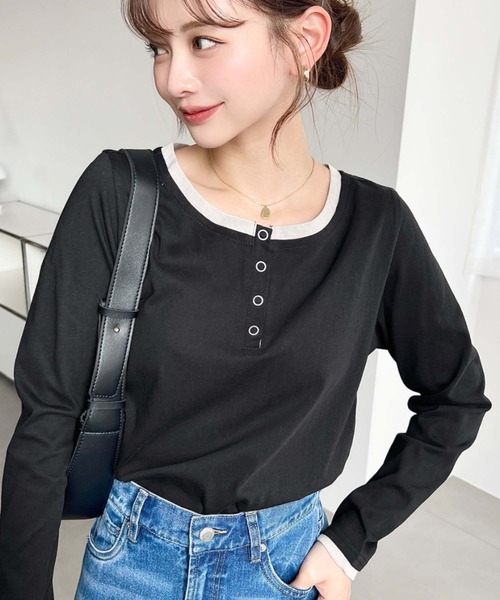 moment+（モーメントプラス）の「配色レイヤードライクヘンリーネックシアーロンT（Tシャツ/カットソー・レディース・ブラック/ネイビー/ピンク/イエロー/ブルー/アイボリー/杢グレー・M/L）」の3枚目の写真