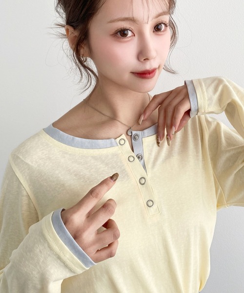 moment+（モーメントプラス）の「配色レイヤードライクヘンリーネックシアーロンT（Tシャツ/カットソー・レディース・ブラック/ネイビー/ピンク/イエロー/ブルー/アイボリー/杢グレー・M/L）」の10枚目の写真