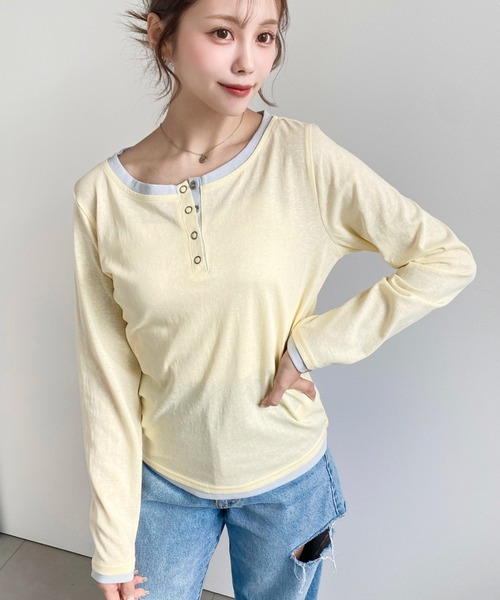 moment+（モーメントプラス）の「配色レイヤードライクヘンリーネックシアーロンT（Tシャツ/カットソー・レディース・ブラック/ネイビー/ピンク/イエロー/ブルー/アイボリー/杢グレー・M/L）」の11枚目の写真