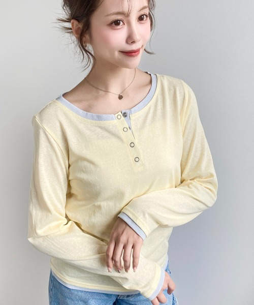 moment+（モーメントプラス）の「配色レイヤードライクヘンリーネックシアーロンT（Tシャツ/カットソー・レディース・ブラック/ネイビー/ピンク/イエロー/ブルー/アイボリー/杢グレー・M/L）」の12枚目の写真