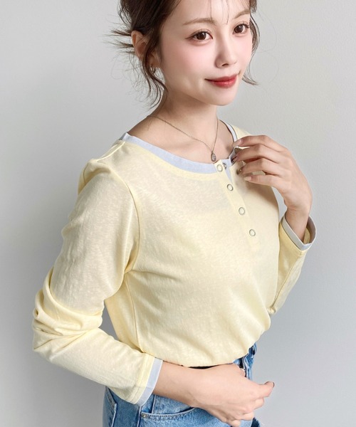 moment+（モーメントプラス）の「配色レイヤードライクヘンリーネックシアーロンT（Tシャツ/カットソー・レディース・ブラック/ネイビー/ピンク/イエロー/ブルー/アイボリー/杢グレー・M/L）」の8枚目の写真