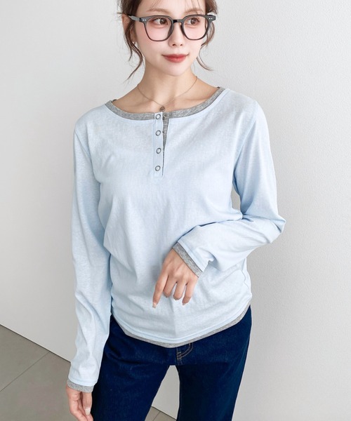 moment+（モーメントプラス）の「配色レイヤードライクヘンリーネックシアーロンT（Tシャツ/カットソー・レディース・ブラック/ネイビー/ピンク/イエロー/ブルー/アイボリー/杢グレー・M/L）」の14枚目の写真