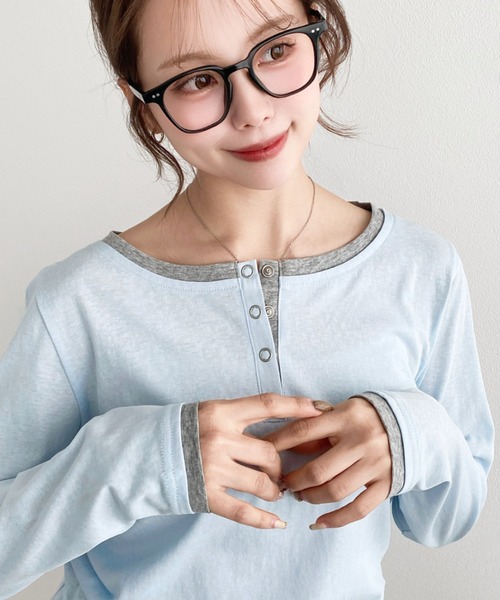 moment+（モーメントプラス）の「配色レイヤードライクヘンリーネックシアーロンT（Tシャツ/カットソー・レディース・ブラック/ネイビー/ピンク/イエロー/ブルー/アイボリー/杢グレー・M/L）」の16枚目の写真