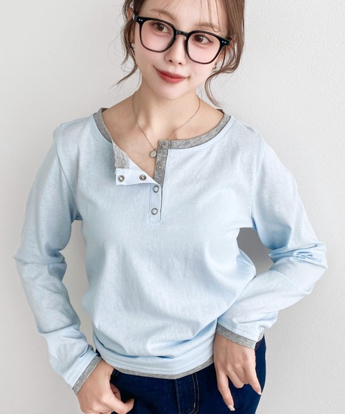 moment+（モーメントプラス）の「配色レイヤードライクヘンリーネックシアーロンT（Tシャツ/カットソー・レディース・ブラック/ネイビー/ピンク/イエロー/ブルー/アイボリー/杢グレー・M/L）」の15枚目の写真