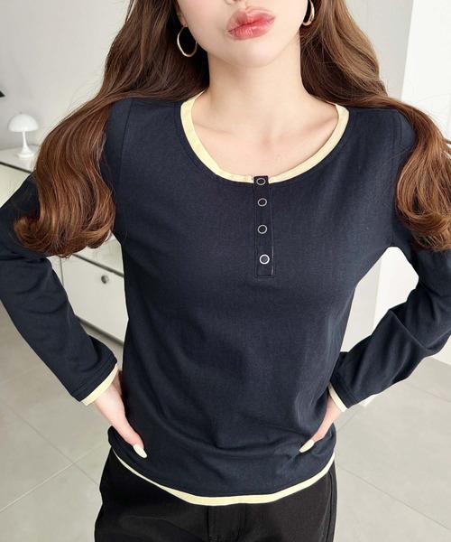 moment+（モーメントプラス）の「配色レイヤードライクヘンリーネックシアーロンT（Tシャツ/カットソー・レディース・ブラック/ネイビー/ピンク/イエロー/ブルー/アイボリー/杢グレー・M/L）」の22枚目の写真