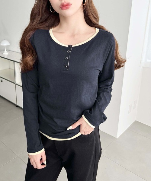 moment+（モーメントプラス）の「配色レイヤードライクヘンリーネックシアーロンT（Tシャツ/カットソー・レディース・ブラック/ネイビー/ピンク/イエロー/ブルー/アイボリー/杢グレー・M/L）」の21枚目の写真