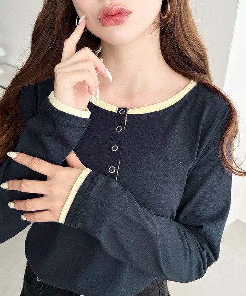 moment+（モーメントプラス）の「配色レイヤードライクヘンリーネックシアーロンT（Tシャツ/カットソー・レディース・ブラック/ネイビー/ピンク/イエロー/ブルー/アイボリー/杢グレー・M/L）」の19枚目の写真