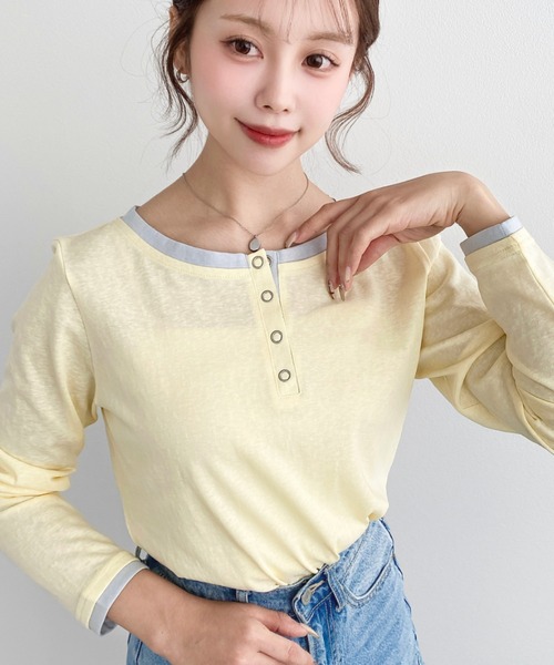 moment+（モーメントプラス）の「配色レイヤードライクヘンリーネックシアーロンT（Tシャツ/カットソー・レディース・ブラック/ネイビー/ピンク/イエロー/ブルー/アイボリー/杢グレー・M/L）」の9枚目の写真