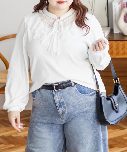 CLETTE（クレット）の「CLETTEオリジナルレース切替フリルリブプルオーバー（Tシャツ/カットソー・レディース・ブラック/ブラウン/ホワイト・4L/3L/LL）」の2枚目の写真