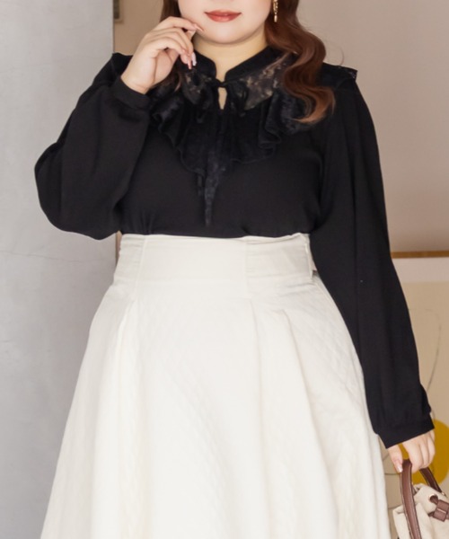 CLETTE（クレット）の「CLETTEオリジナルレース切替フリルリブプルオーバー（Tシャツ/カットソー・レディース・ブラック/ブラウン/ホワイト・4L/3L/LL）」の3枚目の写真