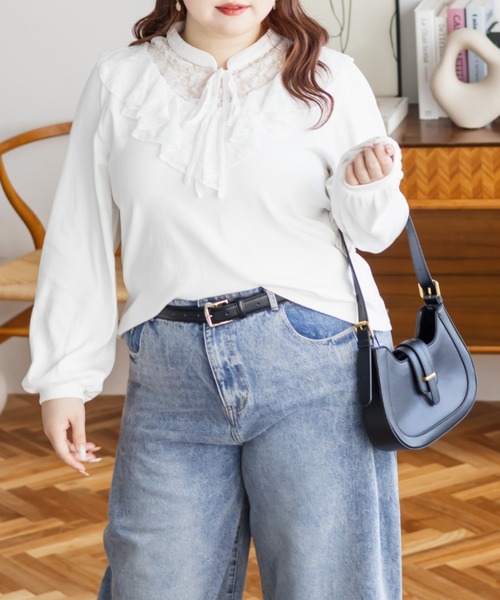 CLETTE（クレット）の「CLETTEオリジナルレース切替フリルリブプルオーバー（Tシャツ/カットソー・レディース・ブラック/ブラウン/ホワイト・4L/3L/LL）」の4枚目の写真