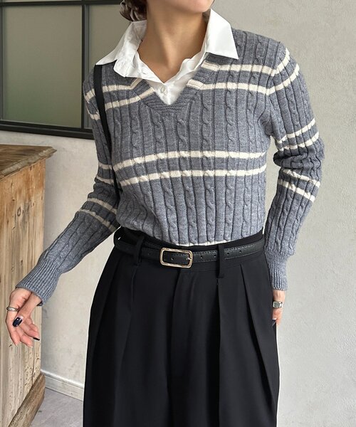 Thevon(ゼボン)の「シャツドッキングケーブルボーダーニット(ニット/セーター・レディース・グレー/アイボリー/ネイビー・FREE)」の3枚目の写真