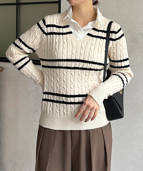 Thevon(ゼボン)の「シャツドッキングケーブルボーダーニット(ニット/セーター・レディース・グレー/アイボリー/ネイビー・FREE)」の7枚目の写真