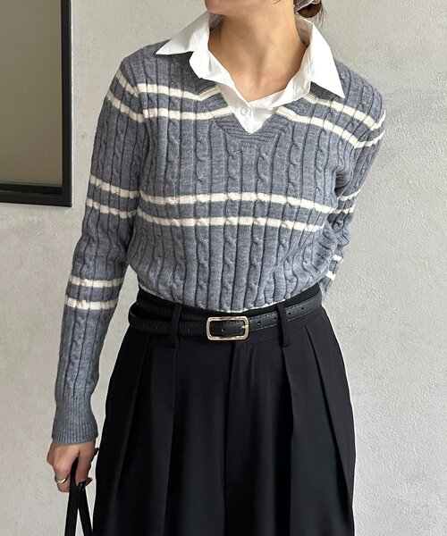 Thevon(ゼボン)の「シャツドッキングケーブルボーダーニット(ニット/セーター・レディース・グレー/アイボリー/ネイビー・FREE)」の20枚目の写真