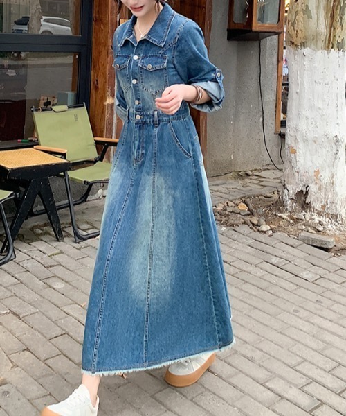 裾フリンジ加工Aラインデニムワンピース（ワンピース）｜Diosfront