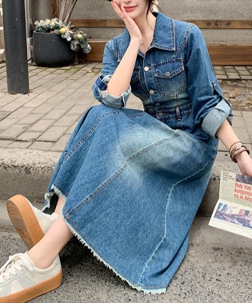 セール】裾フリンジ加工Aラインデニムワンピース（ワンピース