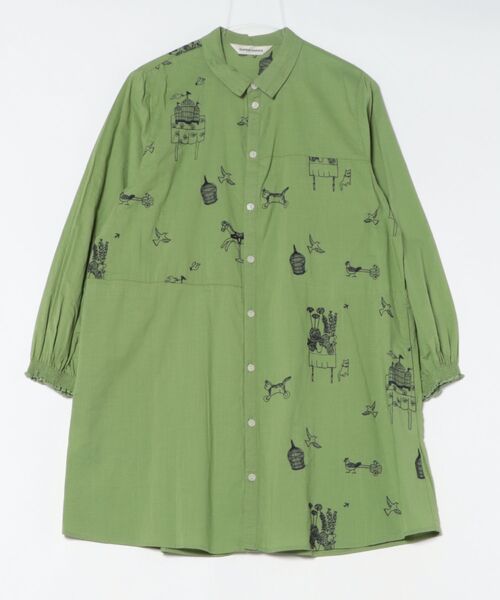 SUPER HAKKA（スーパーハッカ）の「SUPER　HAKKA×マツモトヨーコ　コットンスラブ「大切にしていること」単色刺繍チュニックブラウス（シャツ/ブラウス・レディース・ネイビー/グリーン・FREE）」の4枚目の写真