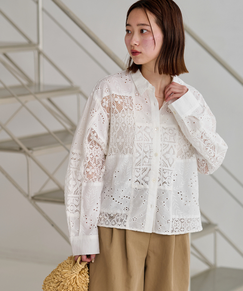 JOURNAL STANDARD relume（ジャーナルスタンダード　レリューム）の「《追加》パッチワークレースショートシャツ（シャツ/ブラウス・レディース・ホワイト・FREE）」の5枚目の写真