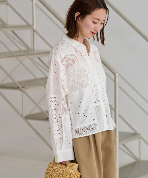 JOURNAL STANDARD relume（ジャーナルスタンダード　レリューム）の「《追加》パッチワークレースショートシャツ（シャツ/ブラウス・レディース・ホワイト・FREE）」の9枚目の写真