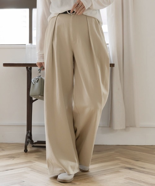 slattgir(スラットジール)の「高身長 ツイルタックワイドパンツ(トールサイズ)Essenave(その他パンツ・レディース・カーキ/ライトベージュ・TM/TL/TLL/T3L)」の1枚目の写真