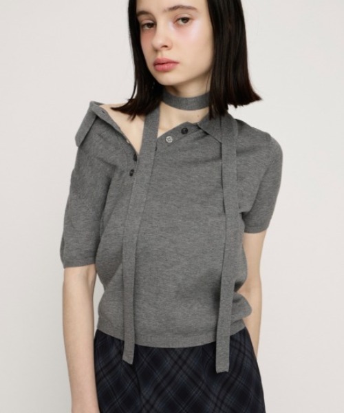 SLY(スライ)の「HG KNIT POLO TOPS ハイゲージニットポロトップス 春服(ポロシャツ・レディース・杢グレー/レッド系その他/ブルー系その他・FREE)」の2枚目の写真