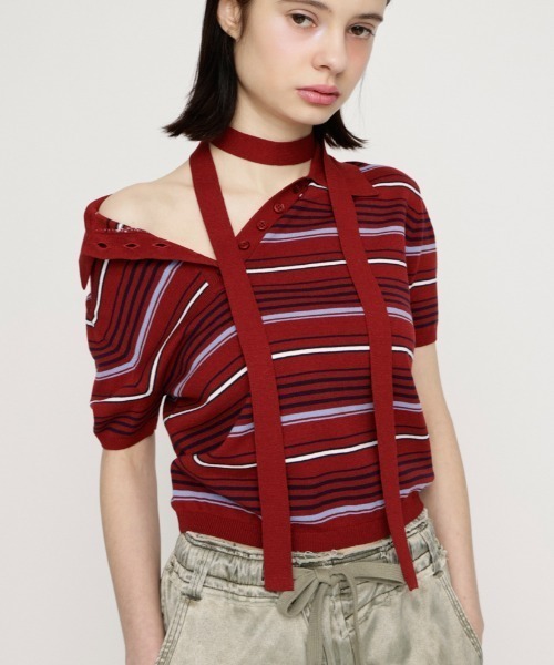 SLY(スライ)の「HG KNIT POLO TOPS ハイゲージニットポロトップス 春服(ポロシャツ・レディース・杢グレー/レッド系その他/ブルー系その他・FREE)」の1枚目の写真