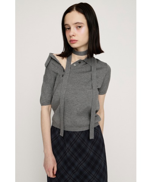 SLY(スライ)の「HG KNIT POLO TOPS ハイゲージニットポロトップス 春服(ポロシャツ・レディース・杢グレー/レッド系その他/ブルー系その他・FREE)」の4枚目の写真