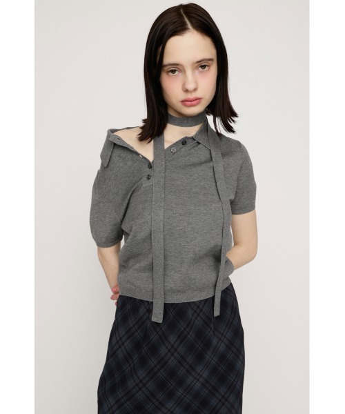 SLY(スライ)の「HG KNIT POLO TOPS ハイゲージニットポロトップス 春服(ポロシャツ・レディース・杢グレー/レッド系その他/ブルー系その他・FREE)」の6枚目の写真